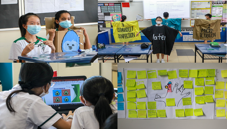 Students wearing masks work on school projects, including posters on water filtration, a laptop, and sticky note brainstorming.